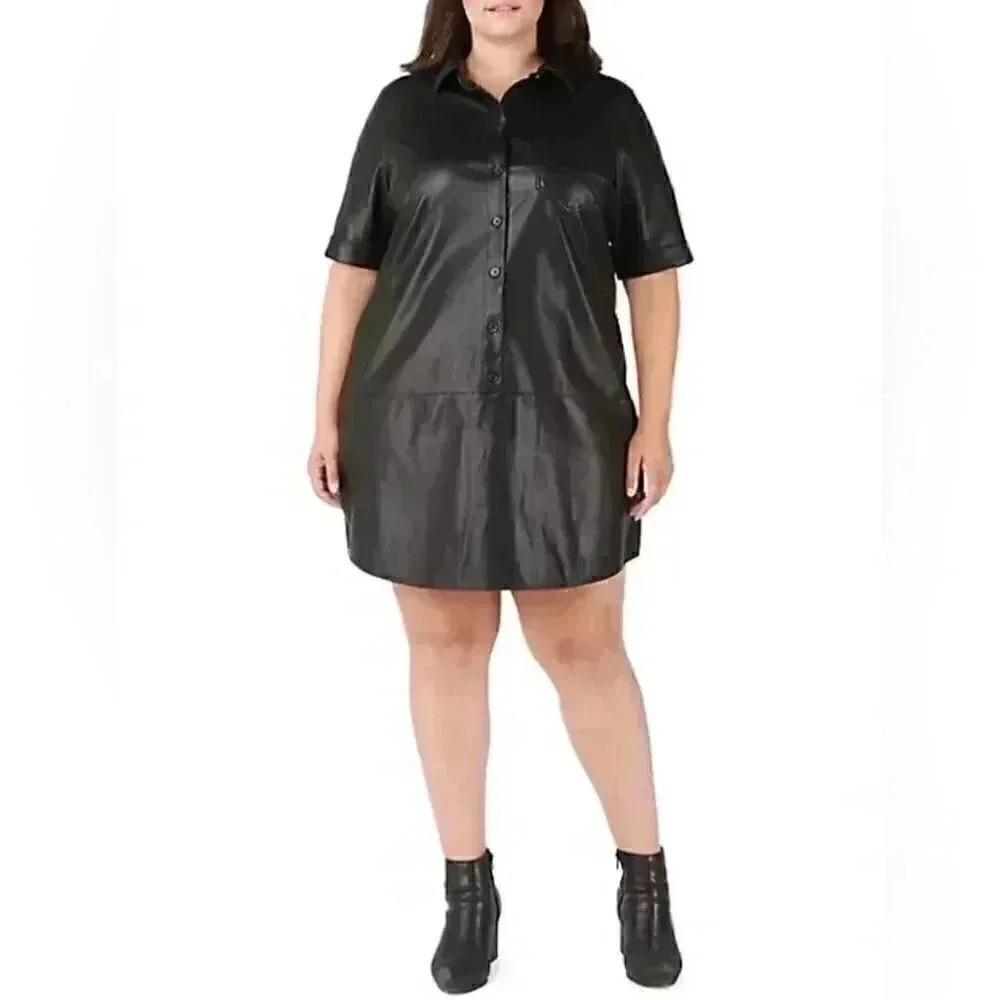NWT Dex Plus vegan leather black button down shirt dress 3x